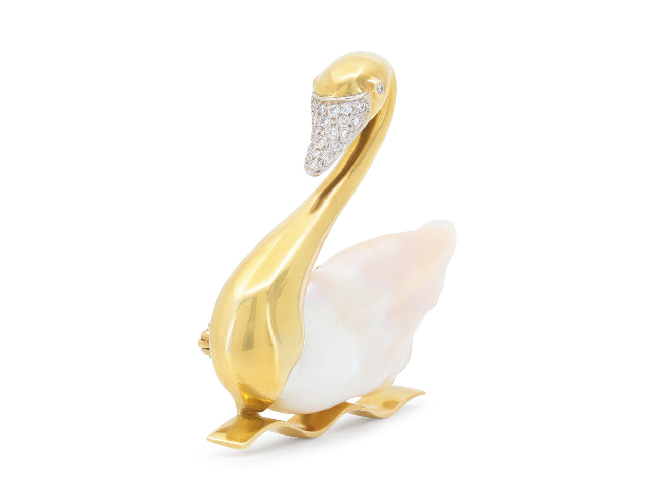 Baroque Pearl and Diamond Swan Brooch in 18K Gold