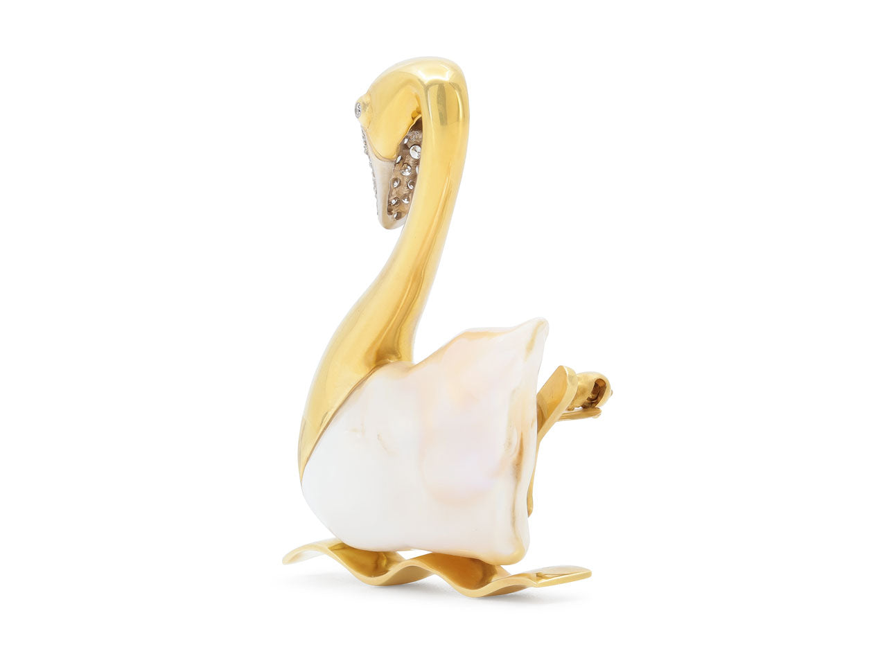 Baroque Pearl and Diamond Swan Brooch in 18K Gold