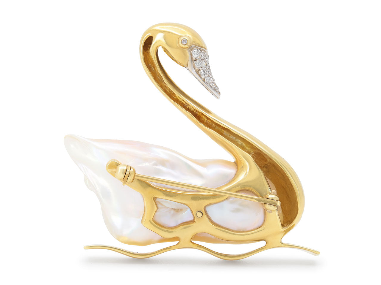 Baroque Pearl and Diamond Swan Brooch in 18K Gold