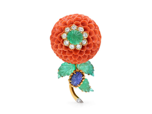 David Webb Carved Coral, Emerald, Sapphire and Diamond Flower Brooch in 18K Gold