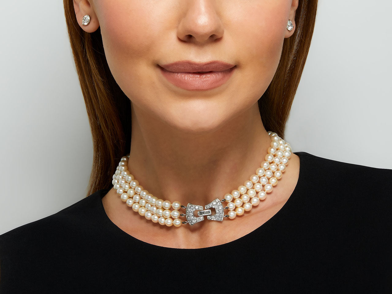 Mid-Century Pearl Necklace with Diamond Clasp in Platinum