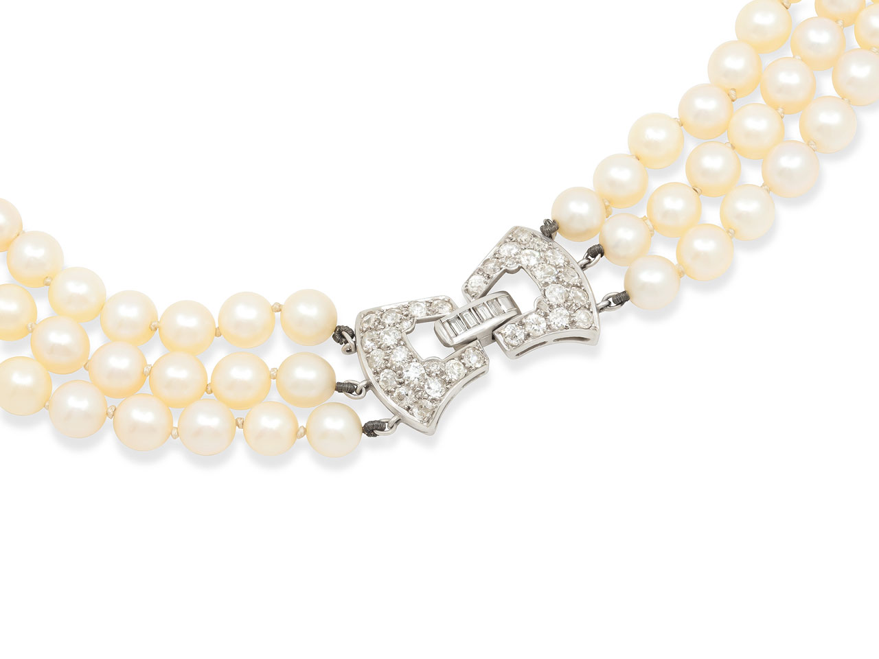 Mid-Century Pearl Necklace with Diamond Clasp in Platinum