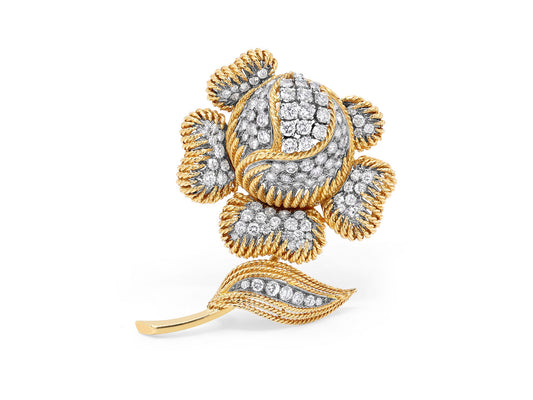 Sterlé Mid-Century Diamond Flower Brooch in 18K Gold and Platinum