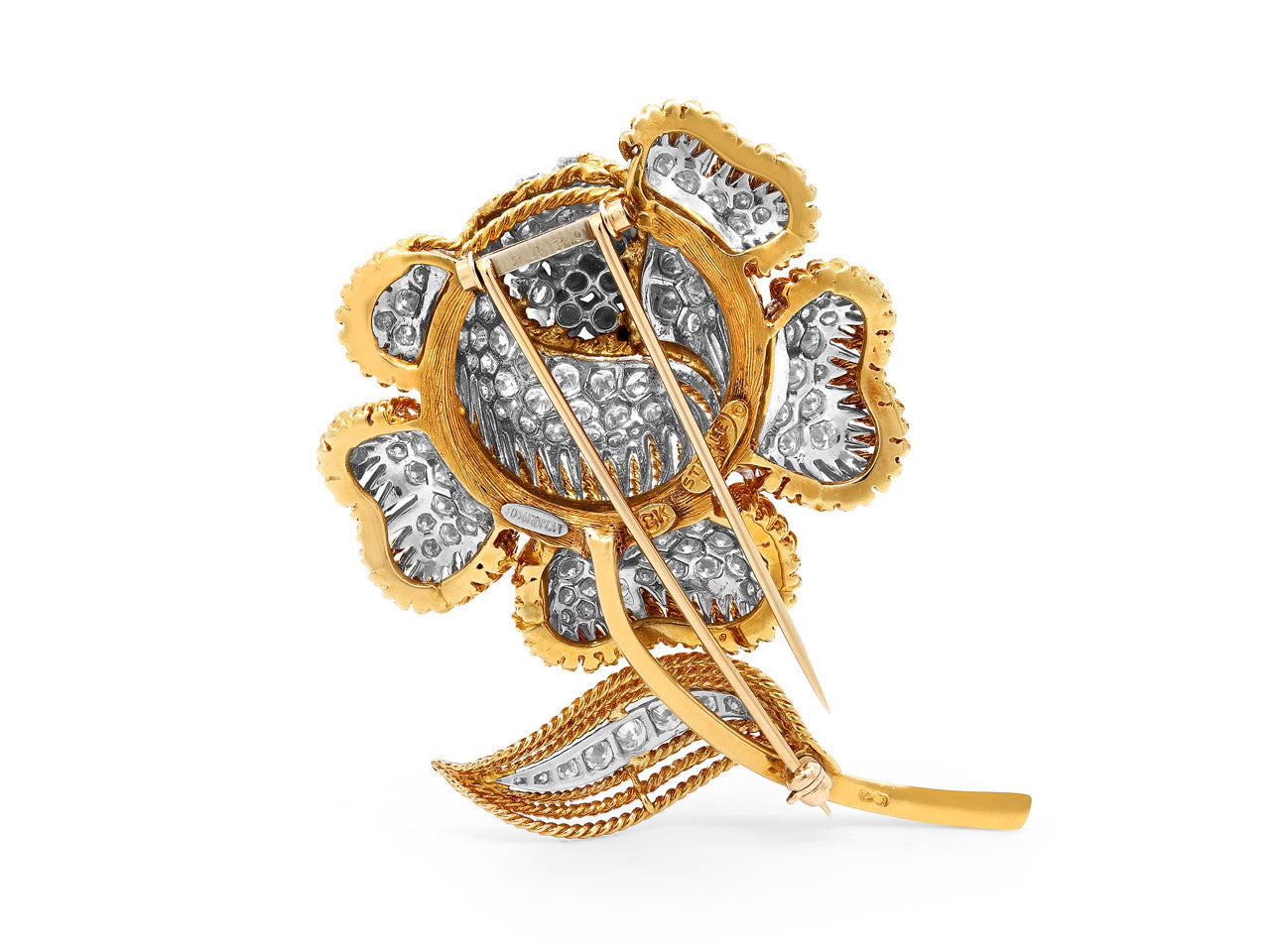 Sterlé Mid-Century Diamond Flower Brooch in 18K Gold and Platinum