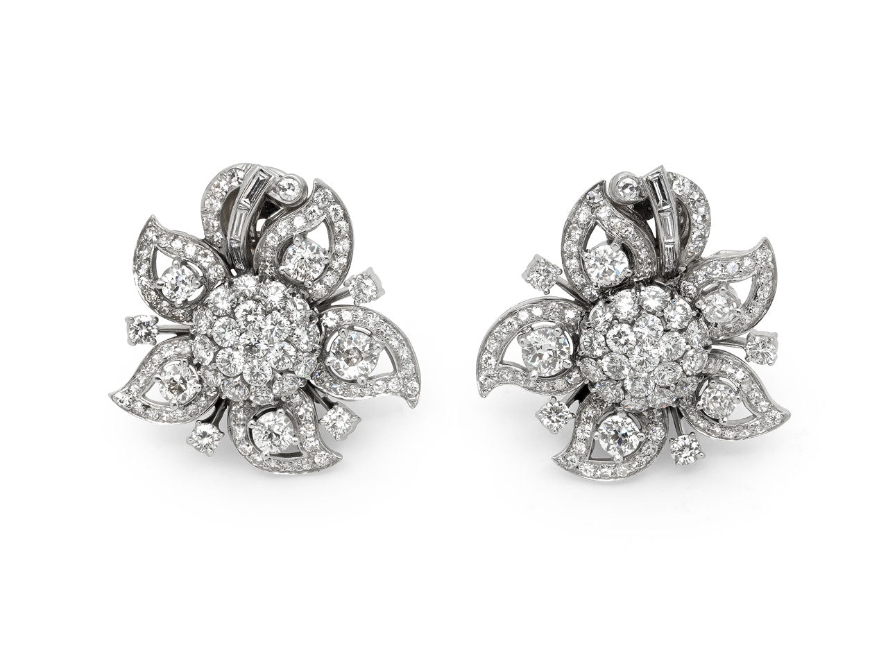 Mid-Century Floral Diamond Earrings / Brooch in Platinum