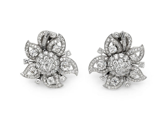 Mid-Century Floral Diamond Earrings / Brooch in Platinum