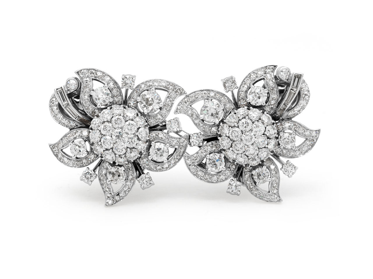 Mid-Century Floral Diamond Earrings / Brooch in Platinum