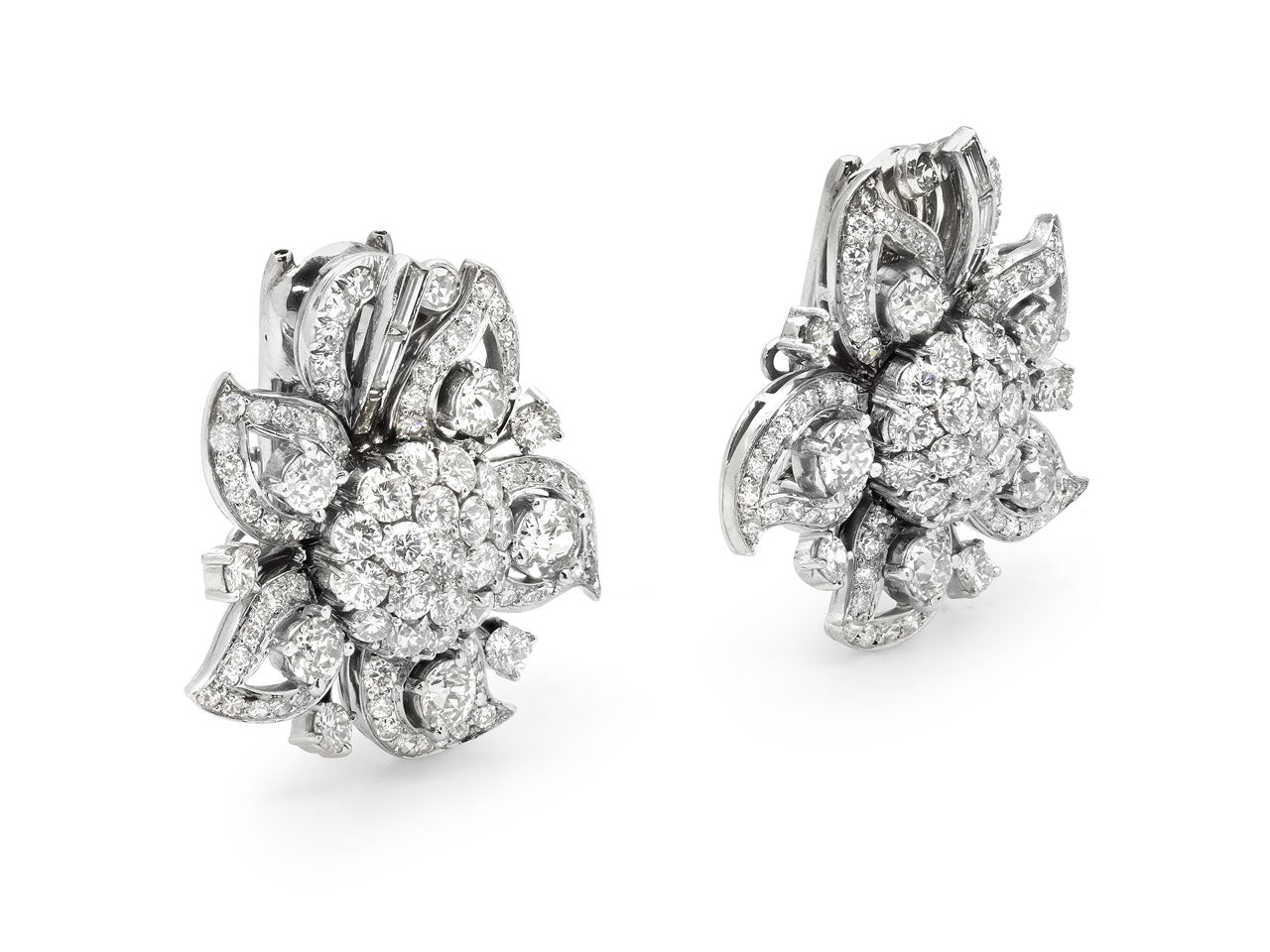 Mid-Century Floral Diamond Earrings / Brooch in Platinum