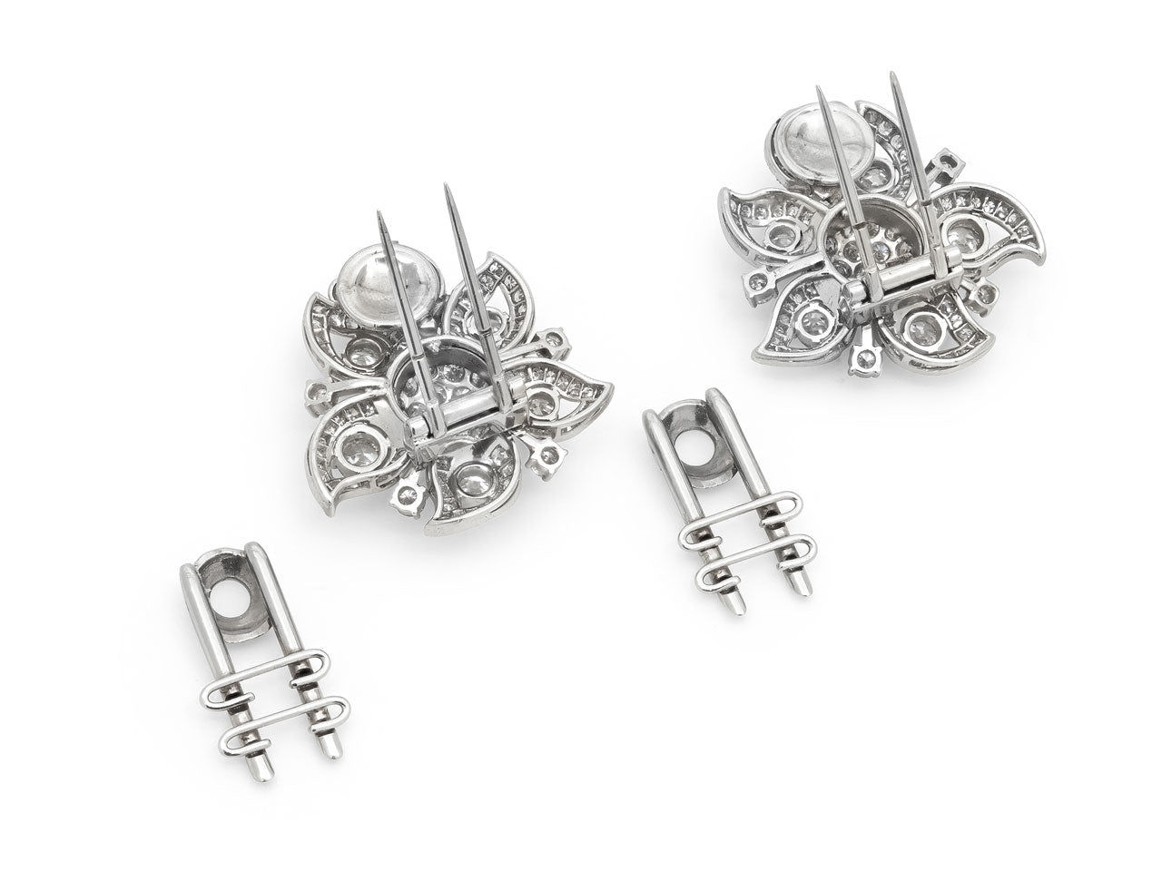 Mid-Century Floral Diamond Earrings / Brooch in Platinum