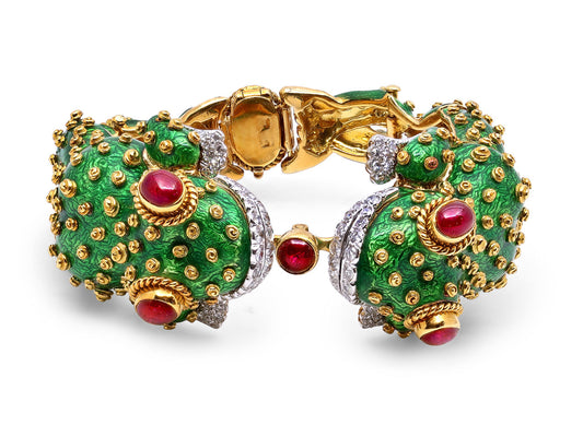 David Webb Ruby, Diamond and Enamel Frog Bracelet in 18K Gold and Platinum