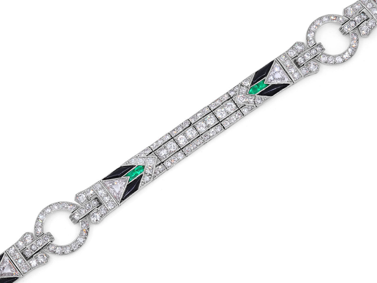 Art Deco Diamond Emerald and Onyx Bracelet in Platinum