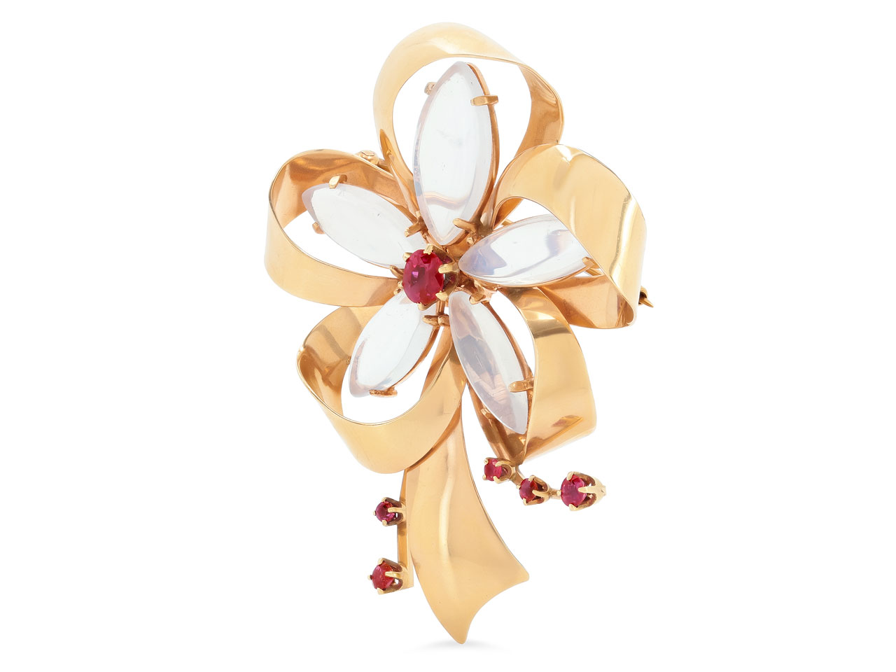 Retro Moonstone and Ruby Flower Brooch in 14K Rose Gold