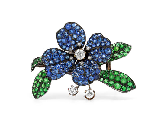 Antique Sapphire, Diamond and Demantoid Garnet En Tremblant Flower Brooch in 18K Blackened Gold