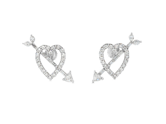 Diamond Heart and Arrow Earrings in 18K White Gold