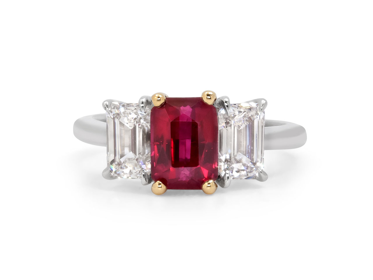 Tiffany & Co. Three Stone Burma Ruby, 2.06 carat, and Diamond Ring in Platinum