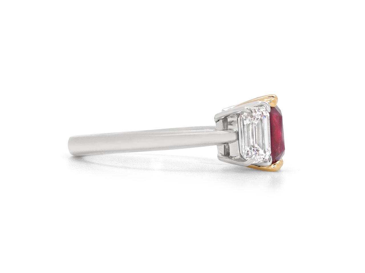 Tiffany & Co. Three Stone Burma Ruby, 2.06 carat, and Diamond Ring in Platinum