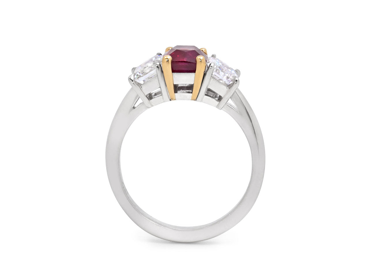 Tiffany & Co. Three Stone Burma Ruby, 2.06 carat, and Diamond Ring in Platinum