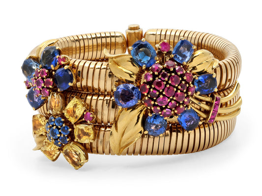 Retro Gubelin Tubogas Sapphire and Ruby Bracelet Watch in 14K Gold