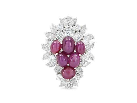 Mid-Century Star Ruby and Diamond Brooch in Platinum