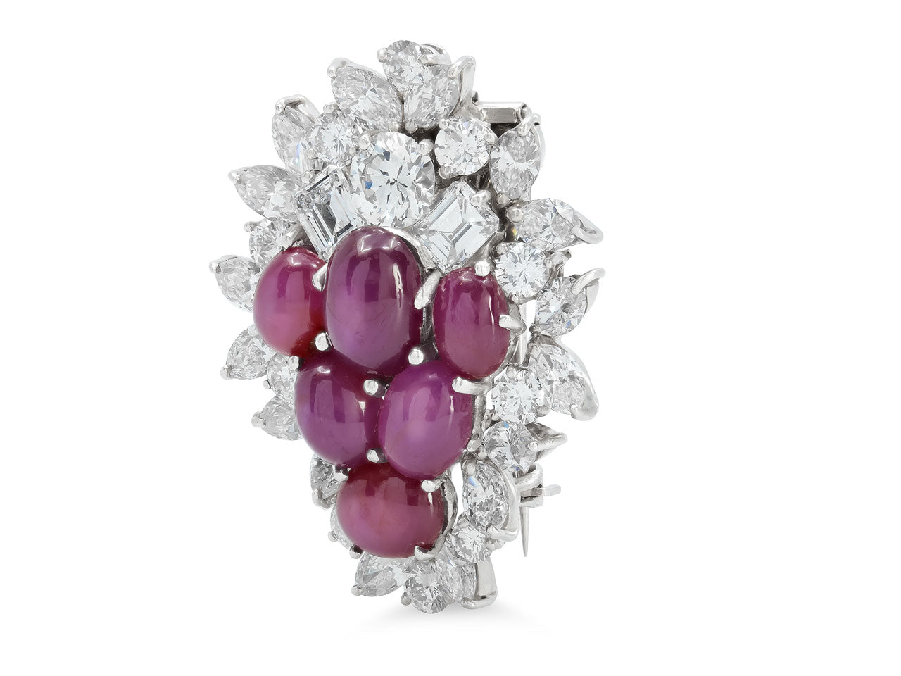 Mid-Century Star Ruby and Diamond Brooch in Platinum