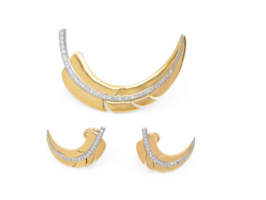 Tiffany & Co. Angela Cummings Diamond Feather Earrings and Brooch in 18K Gold and Platinum