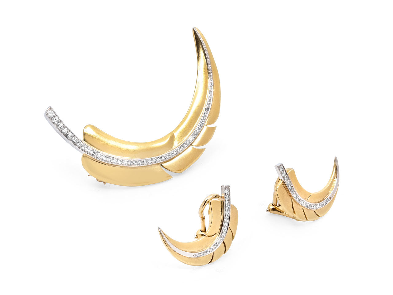 Tiffany & Co. Angela Cummings Diamond Feather Earrings and Brooch in 18K Gold and Platinum