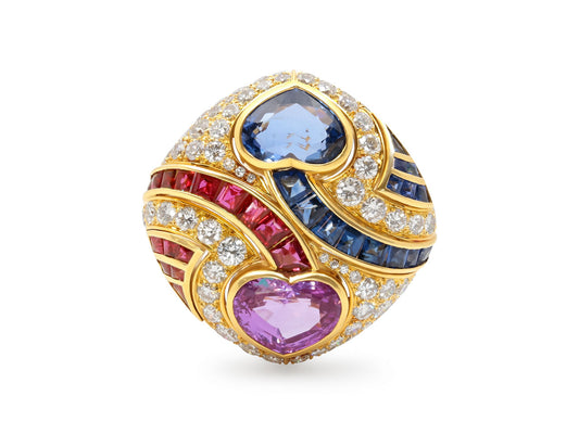 Bulgari Sapphire, Ruby and Diamond Brooch in 18K Gold