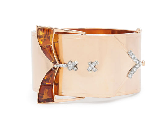 Retro Diamond and Citrine Cuff in 14K Rose Gold and Platinum