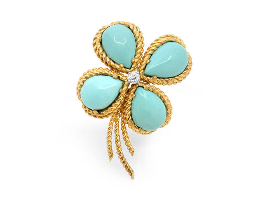 Van Cleef & Arpels Diamond and Turquoise Clover Brooch in 18K Gold