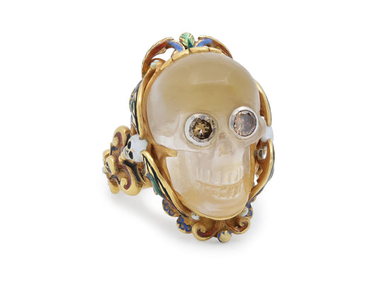 Codognato Diamond, Enamel and Carved Crystal Skull Ring in 18K Gold