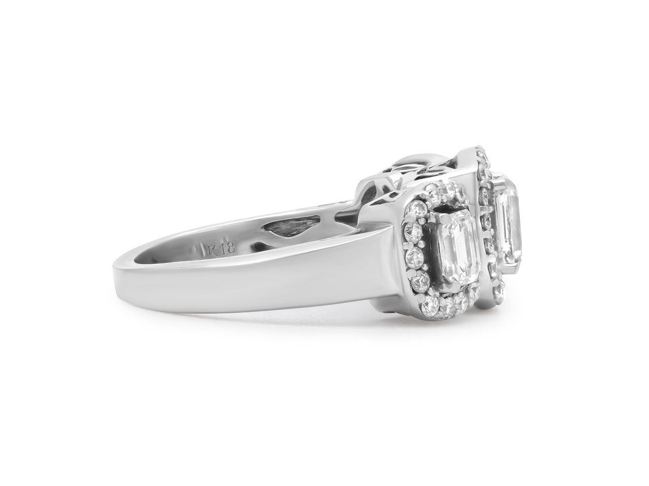 Three Stone Halo Diamond Ring in 18K White Gold