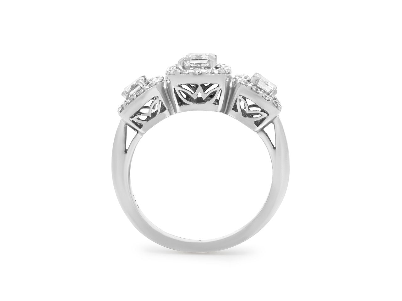 Three Stone Halo Diamond Ring in 18K White Gold