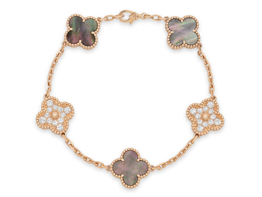 Van Cleef & Arpels 'Vintage Alhambra' Mother-of-Pearl and Diamond Bracelet, 5 motifs, in 18K Rose Gold