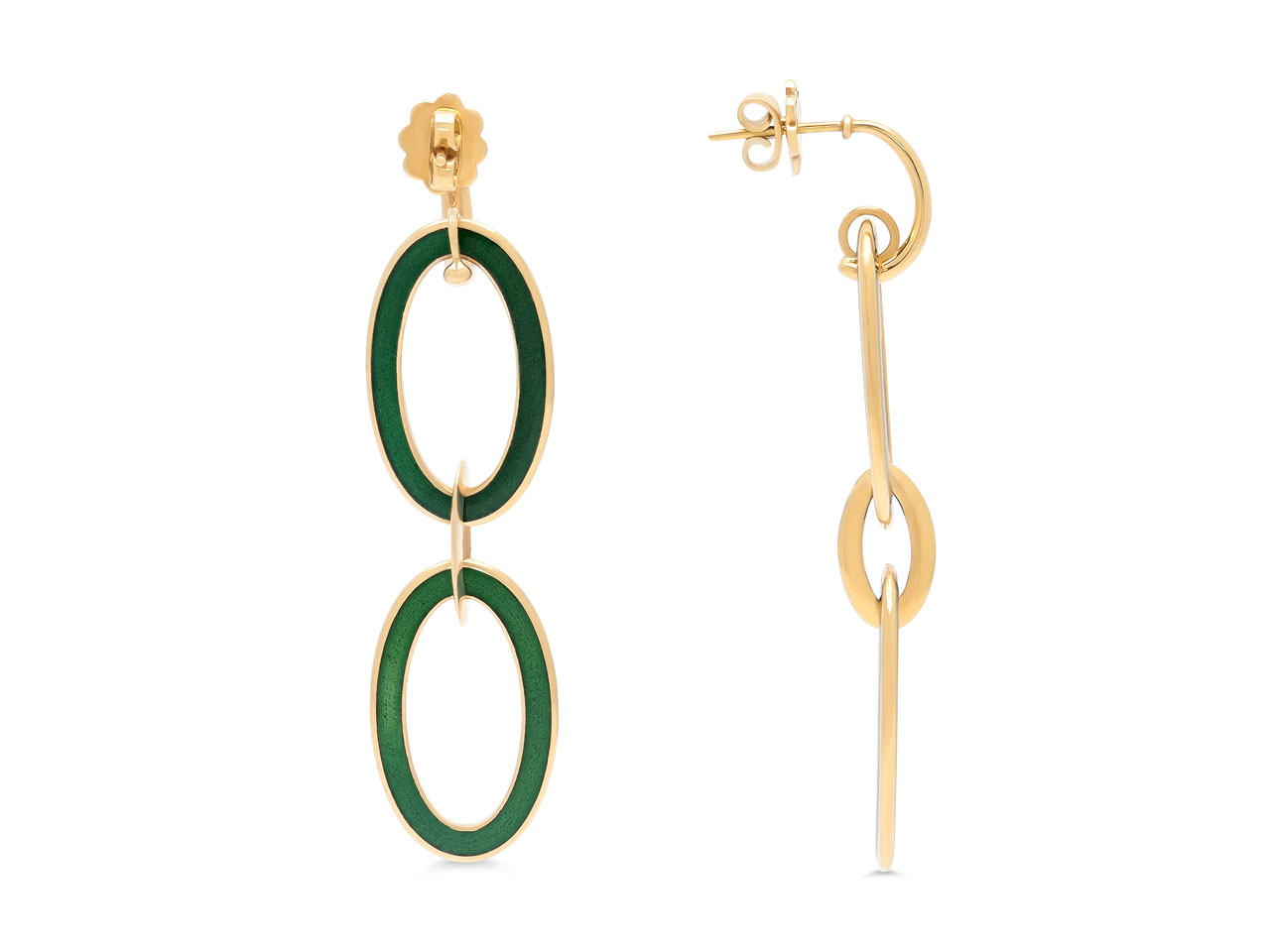 Green Enamel Oval Link Earrings in 18K Gold