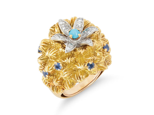 Mid-Century French Turquoise, Diamond and Sapphire Ring in 18K Gold