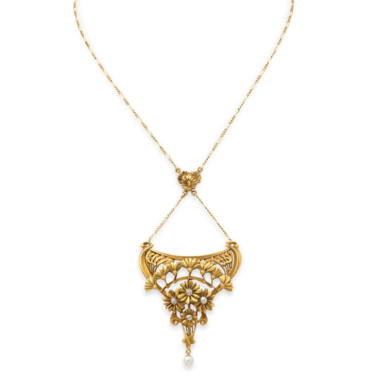 Antique Art Nouveau Diamond Flower Pendant Necklace in 18K Gold, French