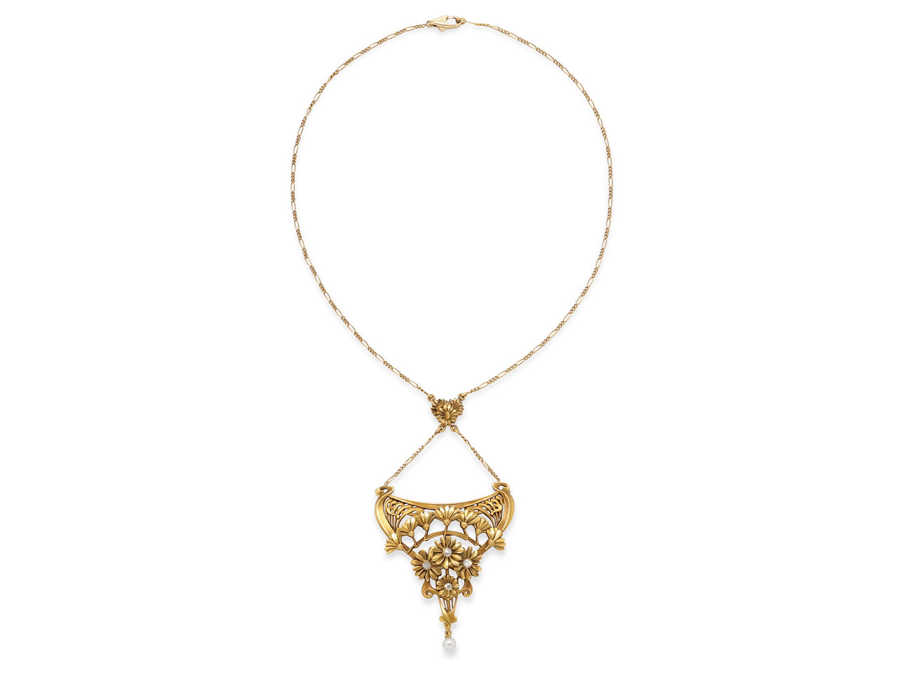 Antique Art Nouveau Diamond Flower Pendant Necklace in 18K Gold, French