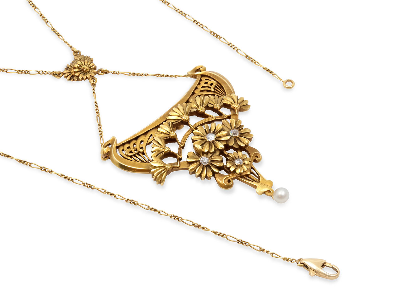 Antique Art Nouveau Diamond Flower Pendant Necklace in 18K Gold, French