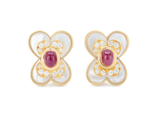 Ruby, Mother of Pearl and Diamond Earrings in 18K Gold