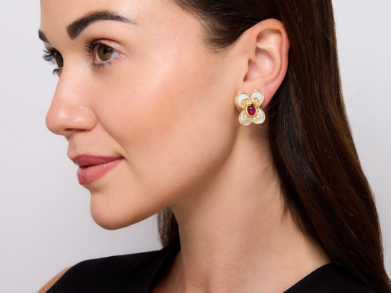 Ruby, Mother of Pearl and Diamond Earrings in 18K Gold