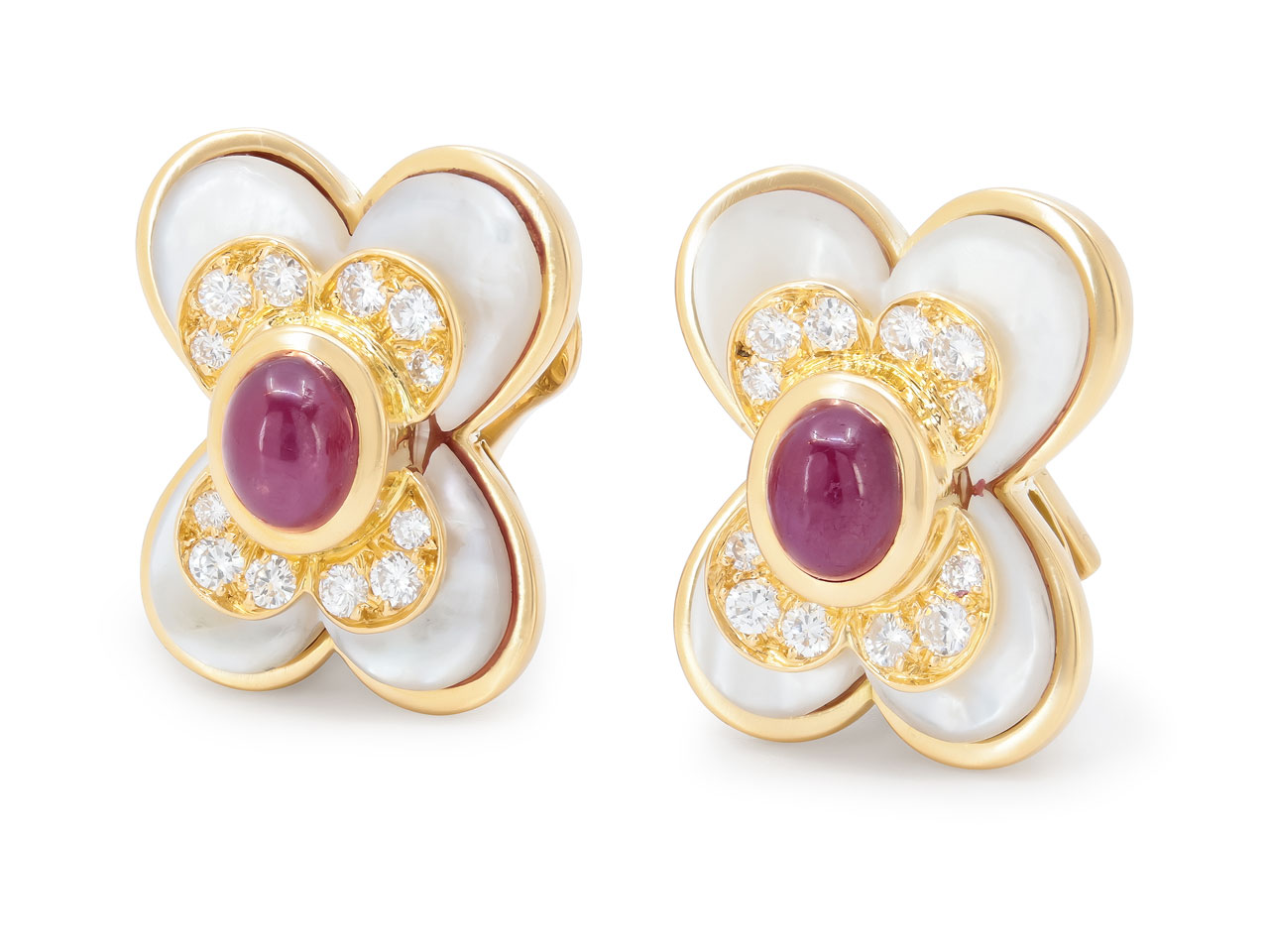 Ruby, Mother of Pearl and Diamond Earrings in 18K Gold