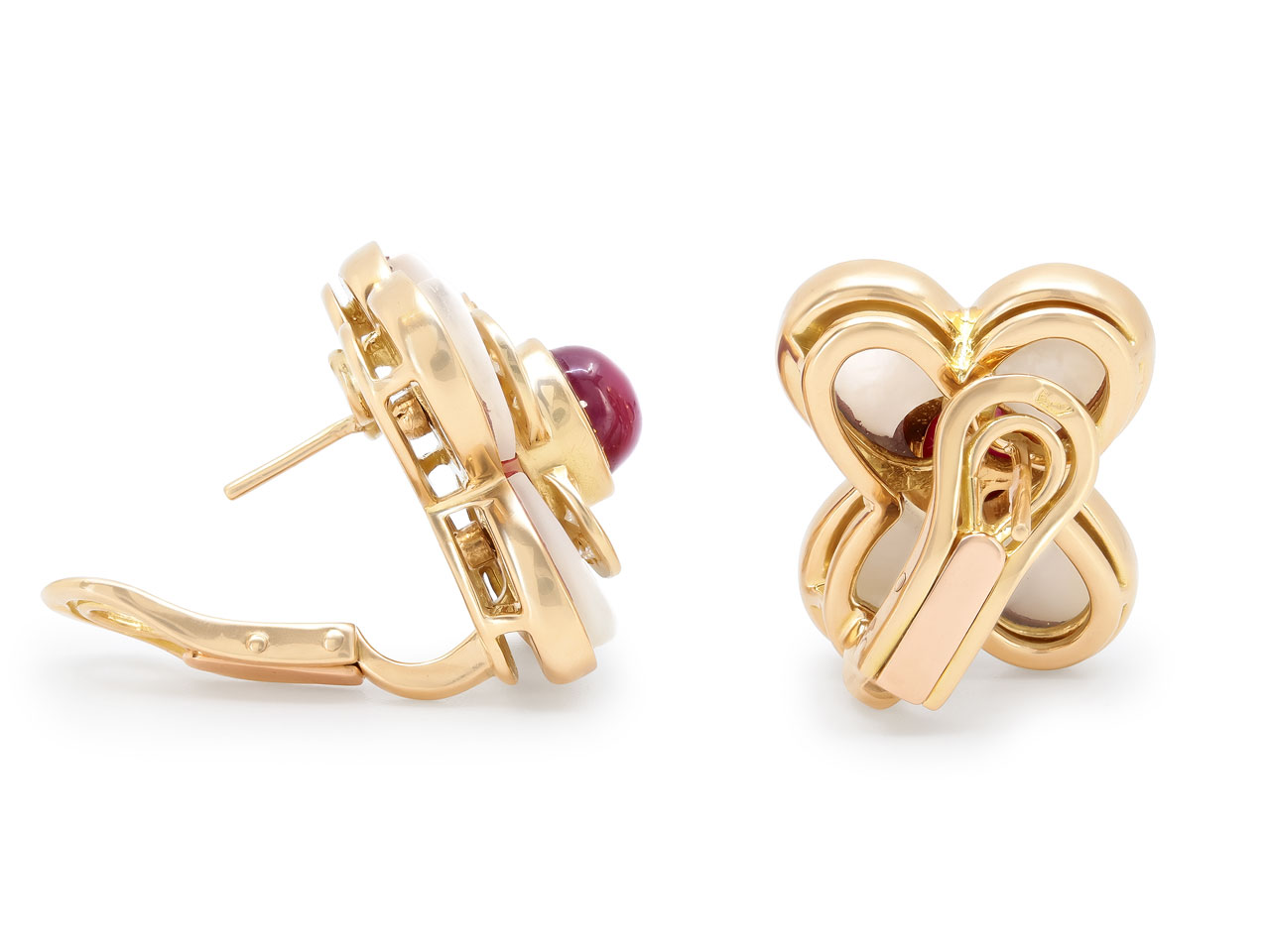 Ruby, Mother of Pearl and Diamond Earrings in 18K Gold