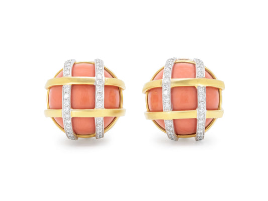 Verdura 'Duchess' Coral and Diamond Earrings in 18K Gold and Platinum