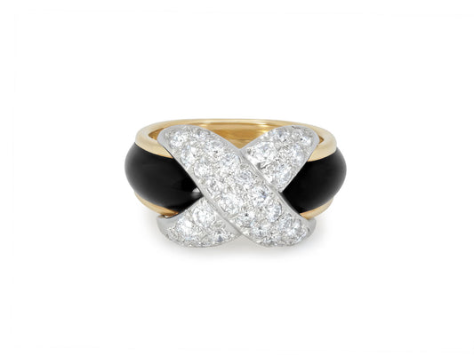 Tiffany & Co. Schlumberger Diamond and Enamel 'X' Ring in 18K Gold and Platinum