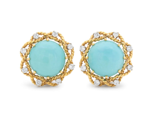 Turquoise and Diamond Earclips in 18K Gold