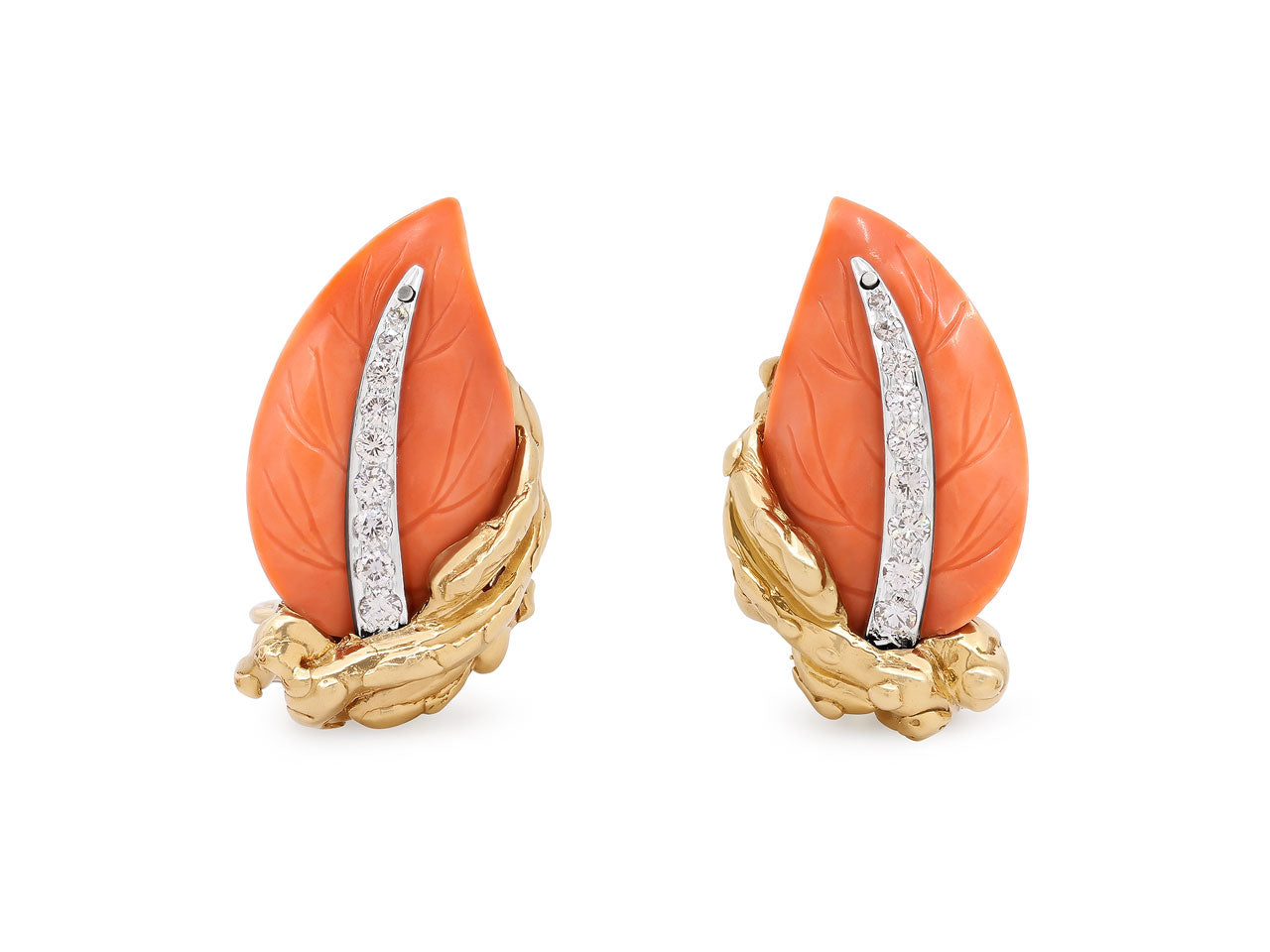 Coral and Diamond Earrings in Platinum and 18K Gold