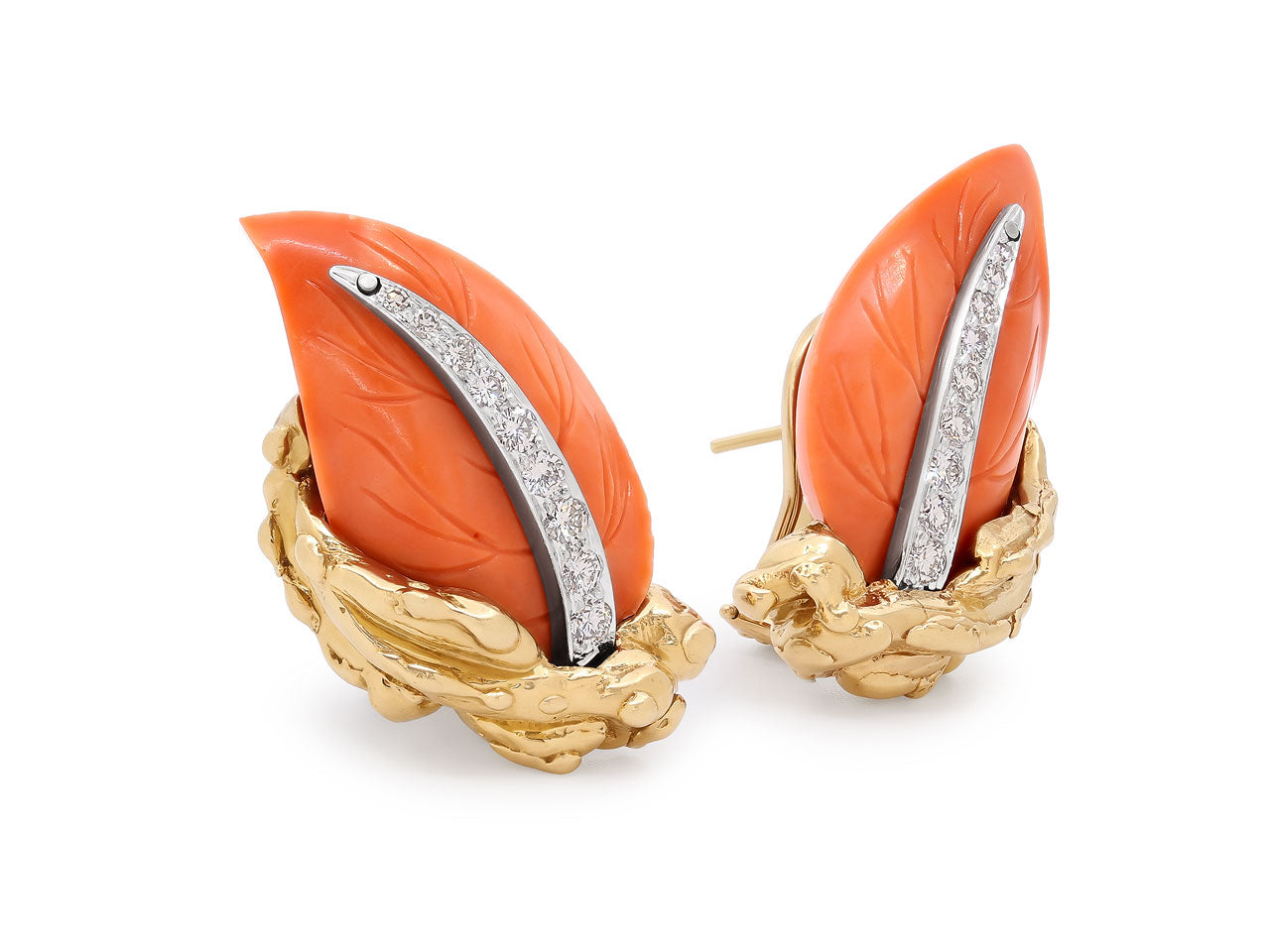 Coral and Diamond Earrings in Platinum and 18K Gold