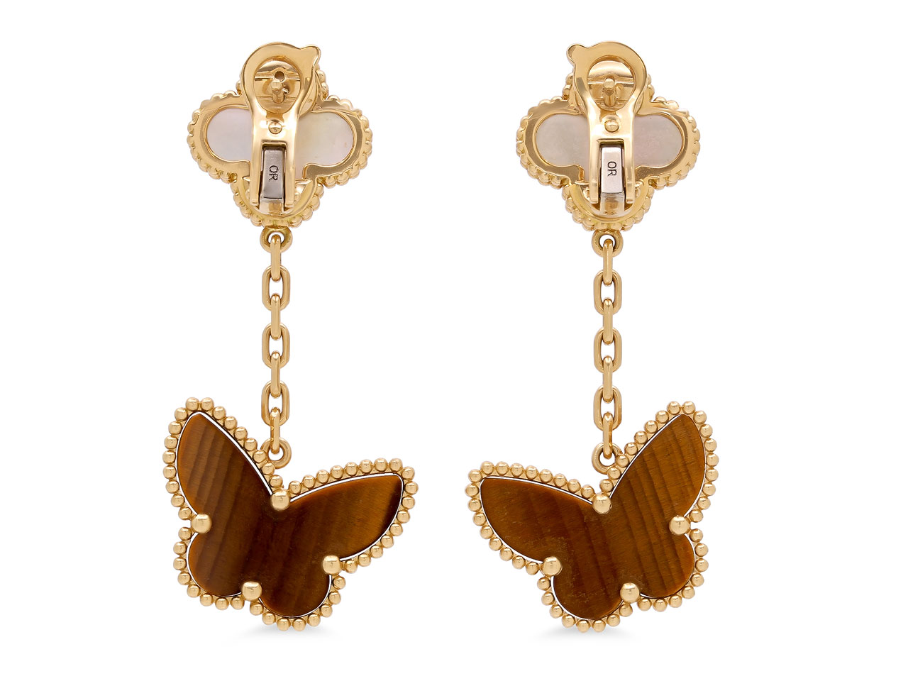 Van Cleef & Arpels 'Lucky Alhambra' Mother-Of-Pearl and Tiger's Eye Earrings in 18K Gold