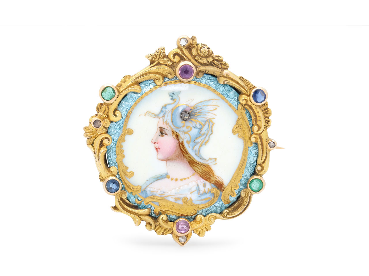 Antique Art Nouveau Enamel and Gemstone Athena Brooch in 14K Gold