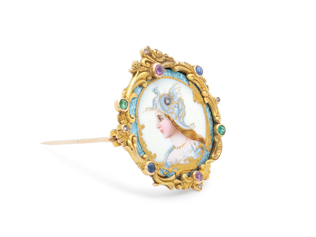 Antique Art Nouveau Enamel and Gemstone Athena Brooch in 14K Gold